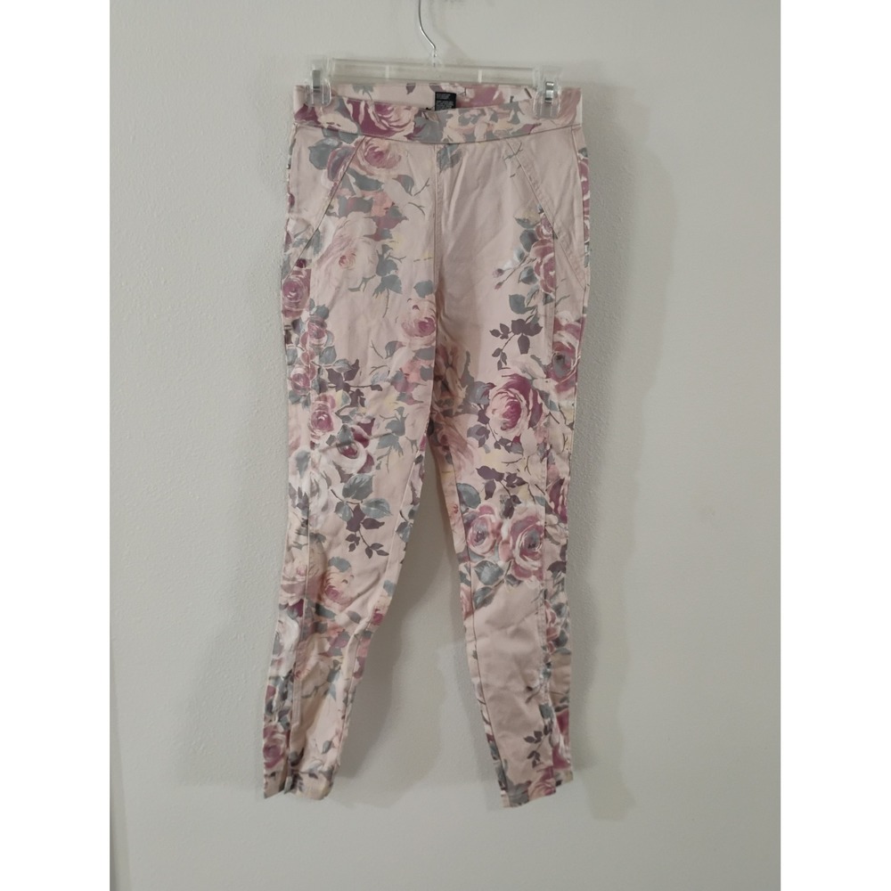 HUE Pink Floral Rose Print Leggings Small Slim Fit Pull On Stretch Pants